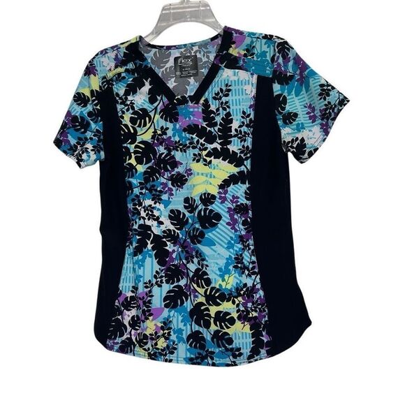 Cherokee iFlex Scrub Top Women's Medium Multicolor Floral V-neck Short Sleeve - Picture 2 of 8